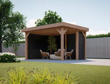 Wood brown and black gazebo in backyard with chairs